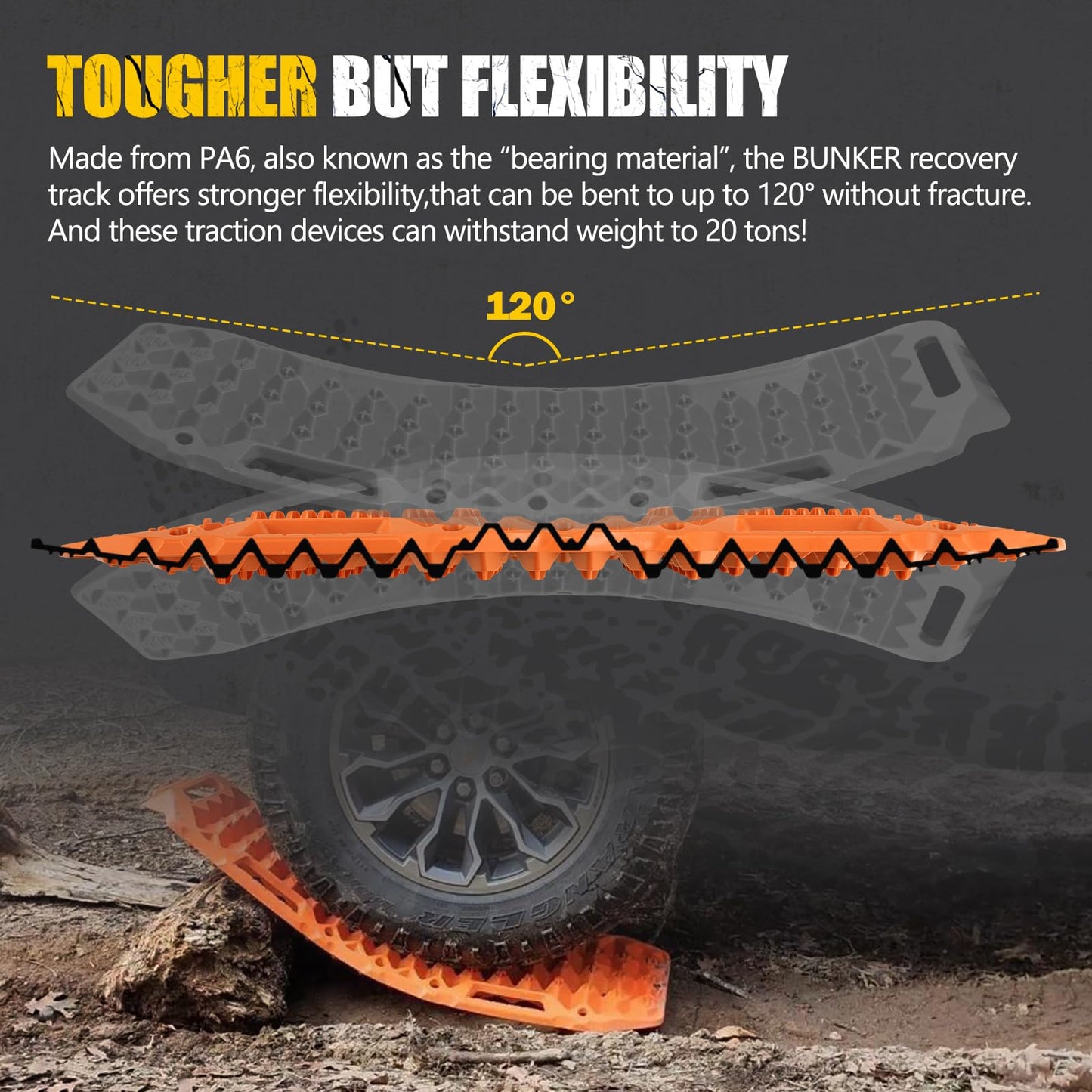 BUNKER INDUST Off-Road Traction Boards with Jack Lift Base,2 Pcs Multifunctional Recovery Track for 4WD UTV SUV Truck-Mud, Snow, Sand Tracks Orange Tire Traction Mat with Carry Bag (Gen 9th)