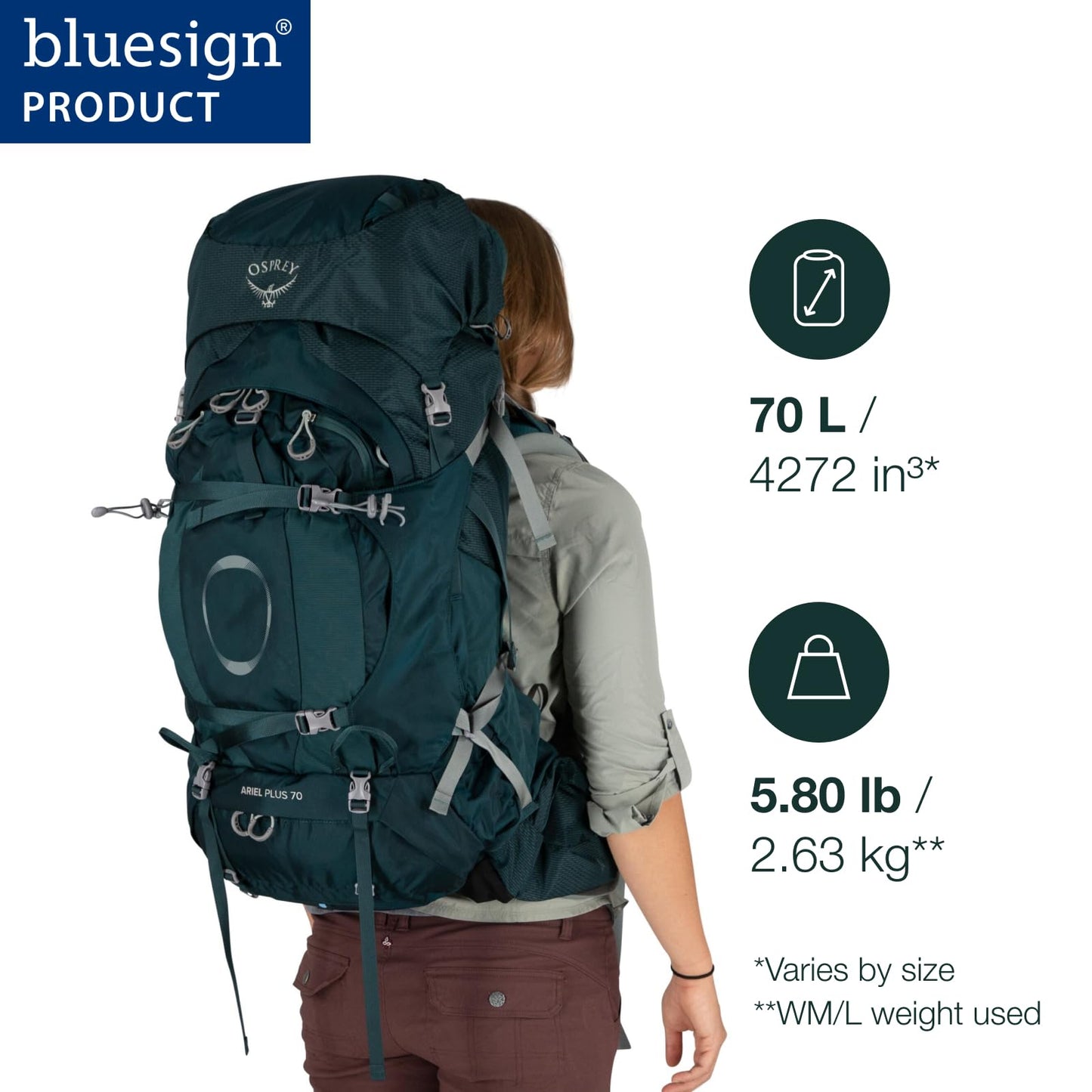 Osprey Ariel Plus 70L Women's Backpacking Backpack, Night Jungle Blue, WXS/S