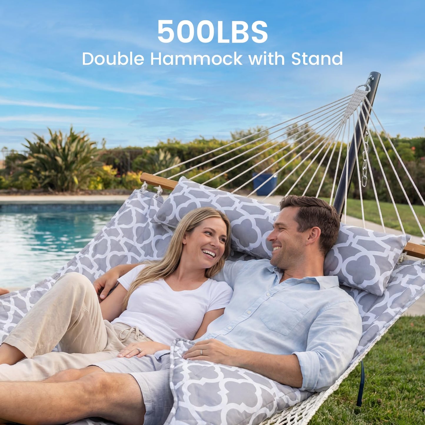 ANAGOO Double Hammock with Stand – Portable Cotton Rope Hammock with Removable Quilted Pad & Pillow, Adjustable Steel Frame for Patio, Backyard, Garden, Park, Camping & Outdoor Relaxation – White Gray
