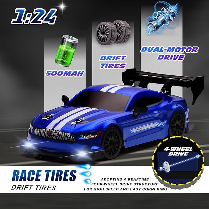 1:24 Scale RC Drift Car4WD 2.4GHz High Speed Racing Hobby Sport Toy Car Vehicle with LED LightsRacing and Drift Wheels for Adult Boys Girls Kids Gift (8602-Blue)
