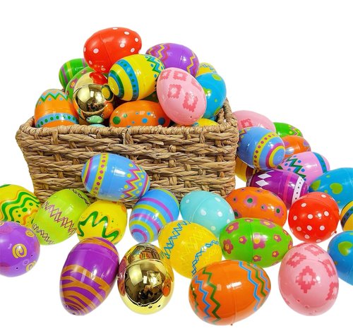 GiftExpress 36 Pcs Jumbo Printed Easter Eggs, Large Golden Hinged Eggs 3” , Church Eggs Hunt, Basket Fillers, Filling Treats for Party Favor, Classroom Office Prize