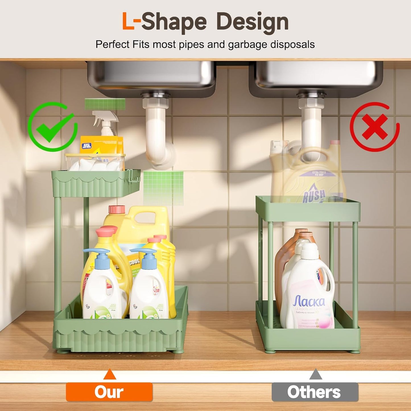 Sevenblue Multi-Purpose Under Sink Organizers - 3 Pack L-Shaped Pull Out Storage for Bathroom & Kitchen | Green, 14.85 Inch