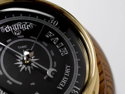 Tabic Prestige Solid Brass Traditional Barometer - Handmade in England - Mounted on a Solid English Oak Mount - Accurate Weather Forecasting - Combined Elegance and Precision