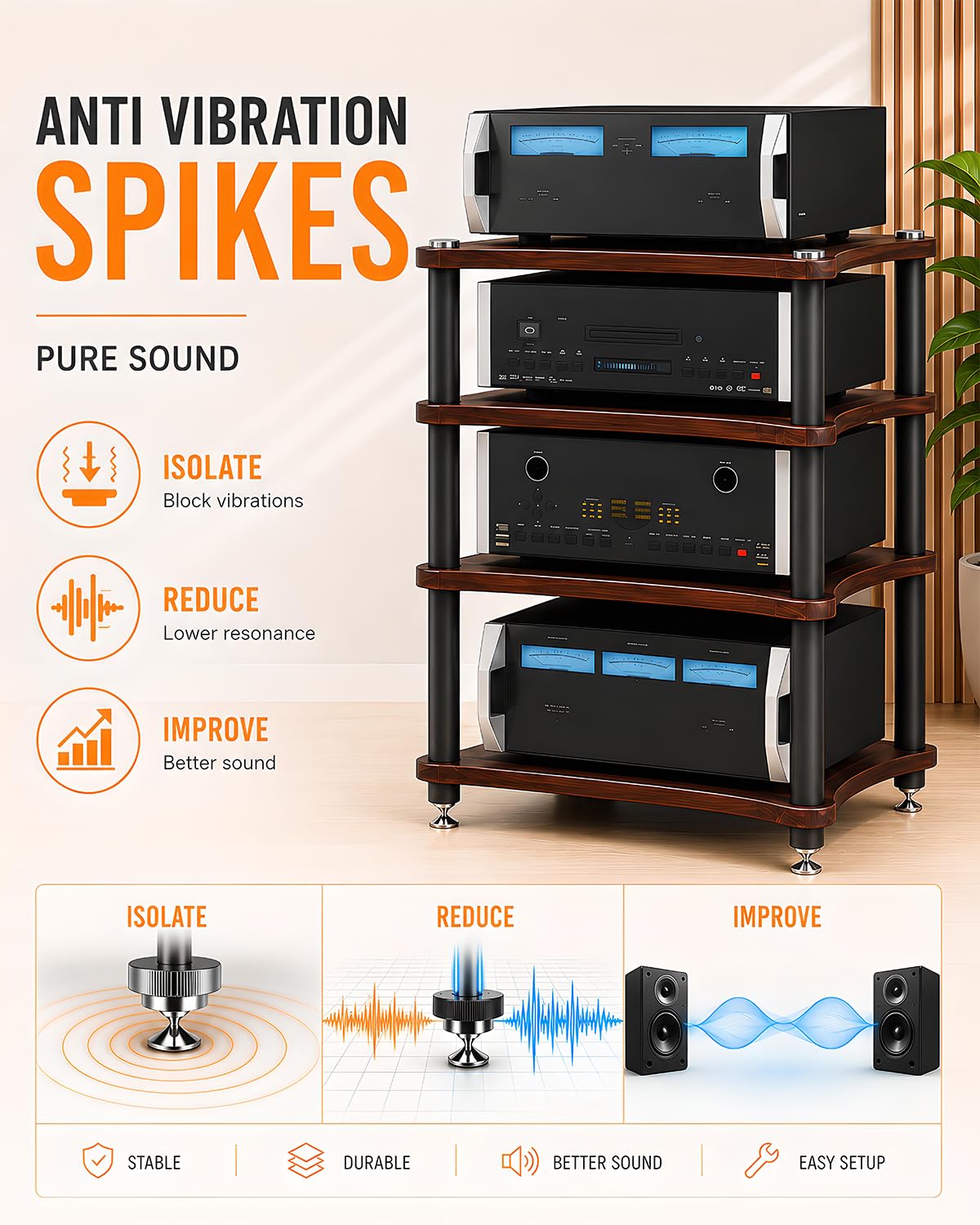 RAJYQODIS Heavy Duty Audio Component Rack, Large Storage Space AV Media Stand with Shock-Absorbing Foot pegs, Audio Rack Tower CD Player Stand for Home/Office/Audio Video/Theate (Teak, 3rd)