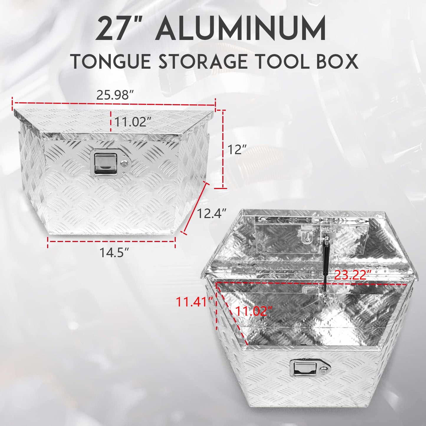 Edicapo 27" x 13" x 13" Trailer Tongue Tool Box with Latch and Keys Heavy Duty Aluminum Trailer Toolbox Organizer Truck Underbody Box Compatible with Pick Up Truck Bed RV Trailer ATV Silver