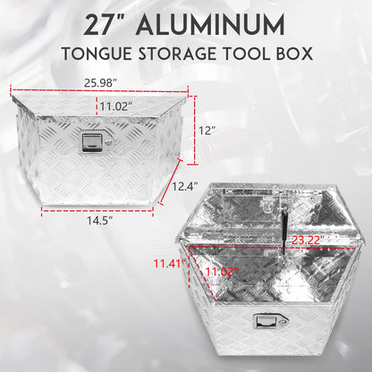 Edicapo 27" x 13" x 13" Trailer Tongue Tool Box with Latch and Keys Heavy Duty Aluminum Trailer Toolbox Organizer Truck Underbody Box Compatible with Pick Up Truck Bed RV Trailer ATV Silver