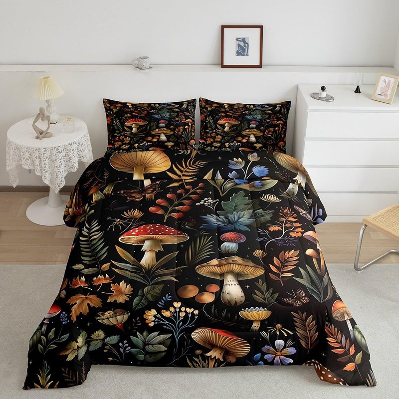 Feelyou Wild Mushroom Bed Comforters Set Twin Size,Burgundy Plant Fallen Leaves Super Soft Microfiber Bedding Set for Girls Boys,Botanical Plant Decorative Comforter Set,1 Pillowcase