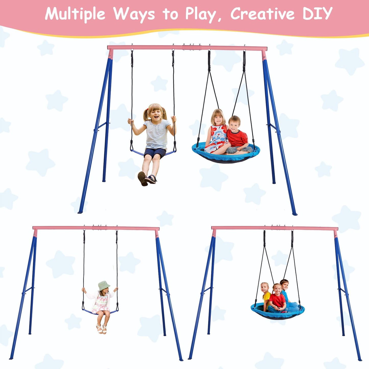 Lunafun Outdoor Swings for Kids, 440lbs, Heavy-Duty A-Frame Metal Outdoor Swing Stand, 1 Saucer & 1 Belt Swing Seat for Playground, Backyard Blue