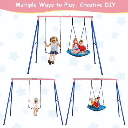 Lunafun Outdoor Swings for Kids, 440lbs, Heavy-Duty A-Frame Metal Outdoor Swing Stand, 1 Saucer & 1 Belt Swing Seat for Playground, Backyard Blue