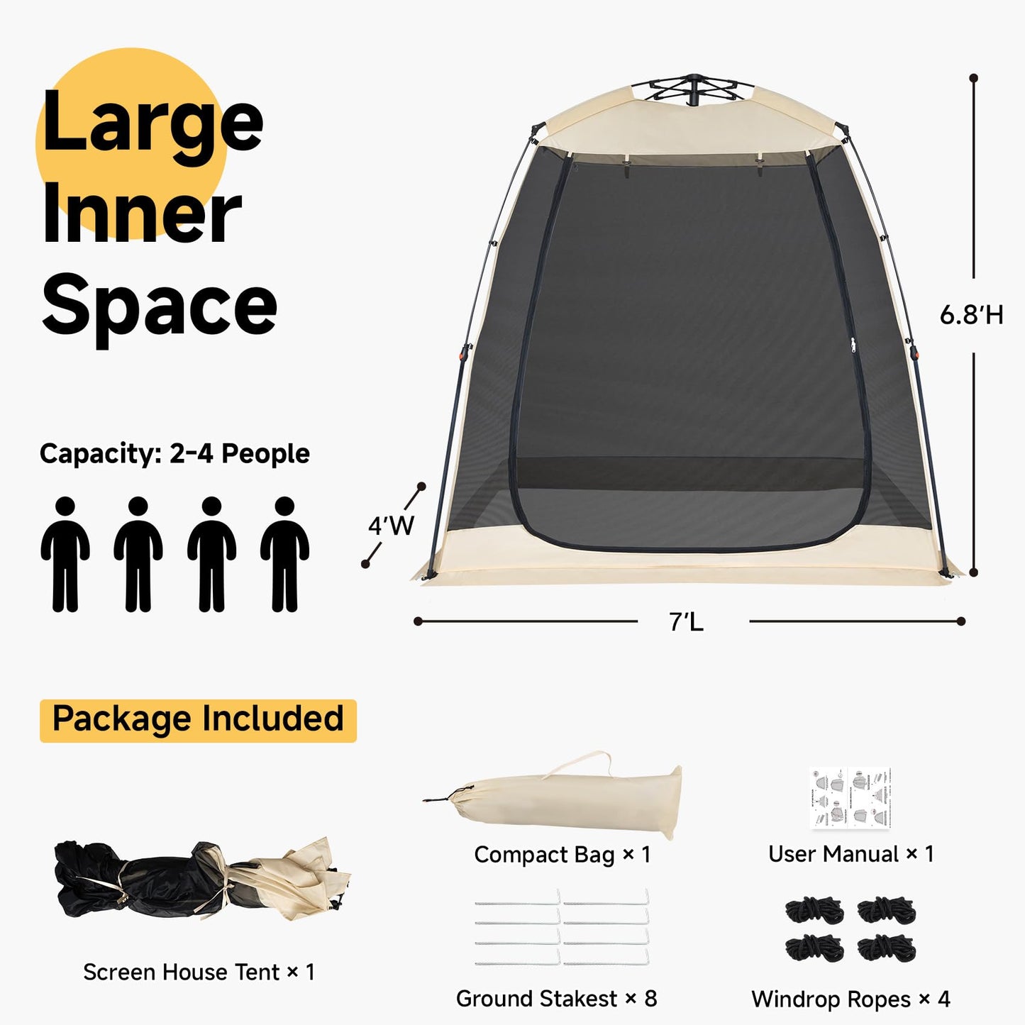 EighteenTek® Screen House Gazebo, 2-4 Person Pop Up Screen Tent, Instant Screen Room with Carry Bag, Outdoor Mosquito Tent Pop-Up, Sun Shade Shelter for Patio, Garden, Backyard, Deck 7 x 4 x 6.5 FT