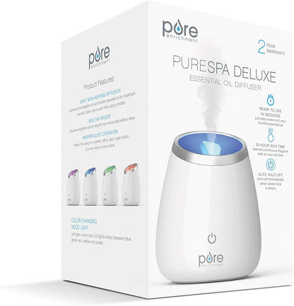 Pure Enrichment PureSpa Deluxe Ultrasonic Aromatherapy Oil Diffuser - 120ml Water Tank, Mood-Boosting Ionizer and Optional Color-Changing Light - Lasts Up to 10 Hours with Auto Safety Shut-Off