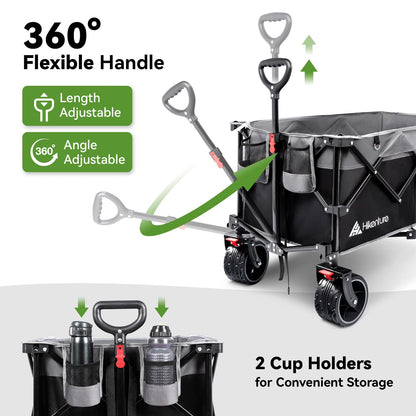 Hikenture Collapsible Wagon Cart, 330lbs Capacity Beach Wagons with Big Wheels for Sand, Heavy Duty Foldable Cart with Brakes, Portable Utility Folding Garden Cart for Outdoor