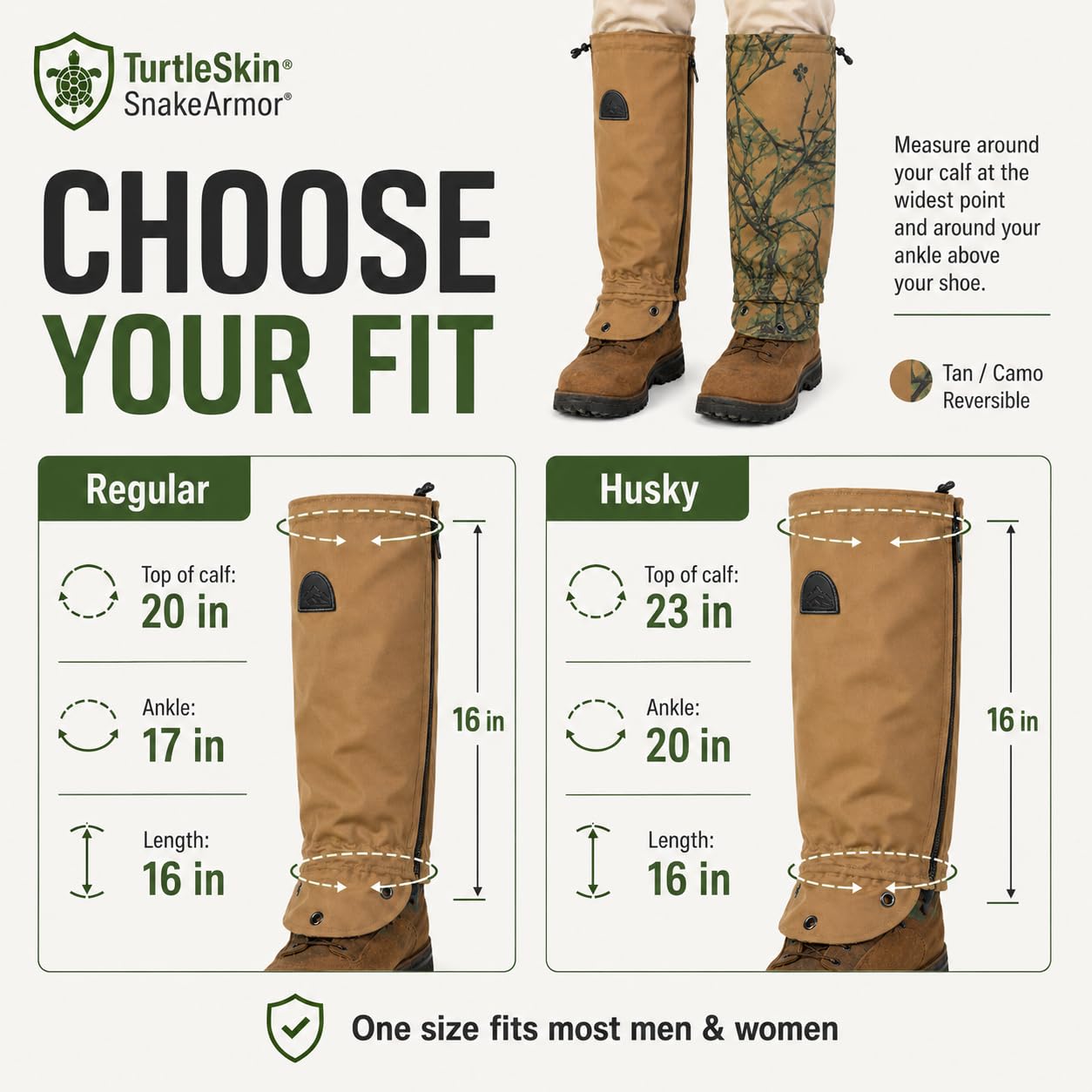 TurtleSkin Snake Gaiters, Lightweight & Waterproof Snake Guards for Men & Women, Durable Reversible Snake Chaps for Hunting,Tactical & Survival Gear – Camo/Khaki