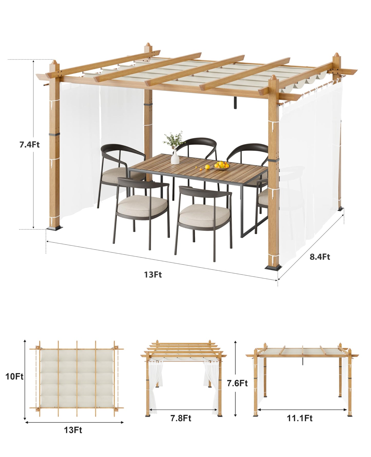 Garvee 10x13 ft Outdoor Retractable Pergola with Canopy and Side Mesh Screen, Upgraded Wood-Grain Post Aluminum Pergola, Modern Pavilion for Backyard, Patio, Porch, Grape Trellis, Beige+White