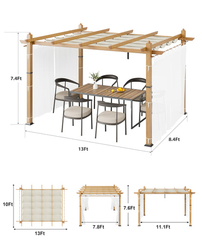 Garvee 10x13 ft Outdoor Retractable Pergola with Canopy and Side Mesh Screen, Upgraded Wood-Grain Post Aluminum Pergola, Modern Pavilion for Backyard, Patio, Porch, Grape Trellis, Beige+White