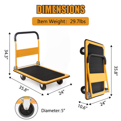 LEADALLWAY Platform Truck Large Size 880lbs Foldable Push Cart 35.8x24x34.3inches Yellow with 2 Ropes