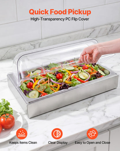 VEVOR Countertop Food Serving Display Container, 2 Tier Stainless Steel Food Salad Server Tray, Buffet Condiment Dispenser, Ice Cooled Rack with Clear Roll Top Cover, for Restaurant Hotel (1/1 Pan x2)