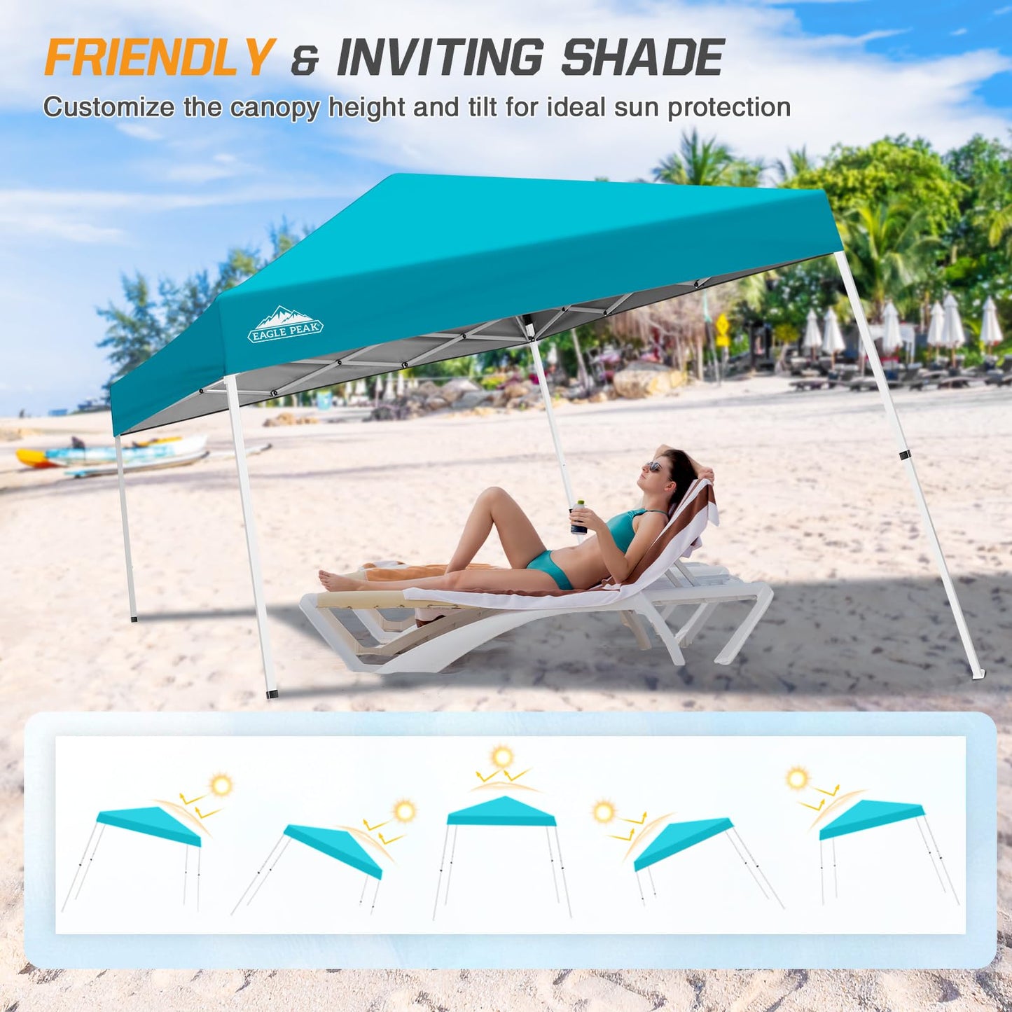 EAGLE PEAK 10x10 Slant Leg Pop-up Canopy Tent Easy One Person Setup Instant Outdoor Beach Canopy Folding Portable Sports Shelter 10x10 Base 8x8 Top (Turquoise)