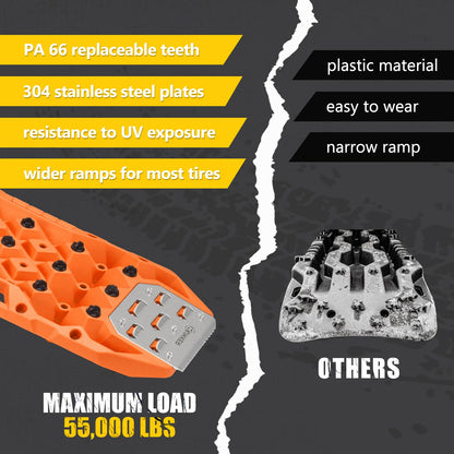 BUNKER INDUST Offroad Traction Boards with Jack Base, Pair Portable Recovery Track Tire Traction Mat - Orange Sand,Mud,Snow Tracks(Replaceable Dual Colors Teeth/Rugged Steel Plate), Gen 12th