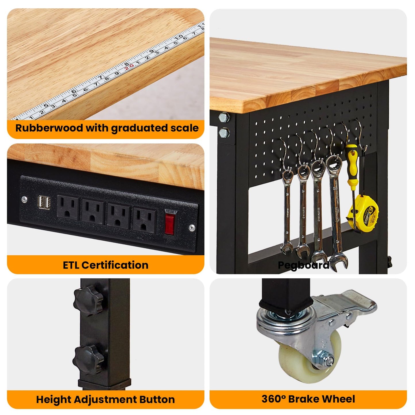 60" x 24" Heavy Duty Workbench with ETL Power Outlet, 8-Level Height Adjustment (29.5"-39.4"), Rubberwood Top with 2000 Lbs Capacity, for Garage/Workshop/Home Office, Metal Casters & Pegboard