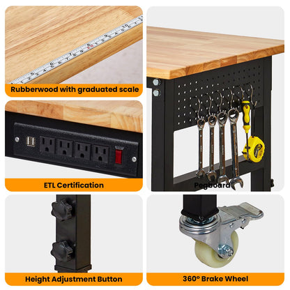 60" x 24" Heavy Duty Workbench with ETL Power Outlet, 8-Level Height Adjustment (29.5"-39.4"), Rubberwood Top with 2000 Lbs Capacity, for Garage/Workshop/Home Office, Metal Casters & Pegboard
