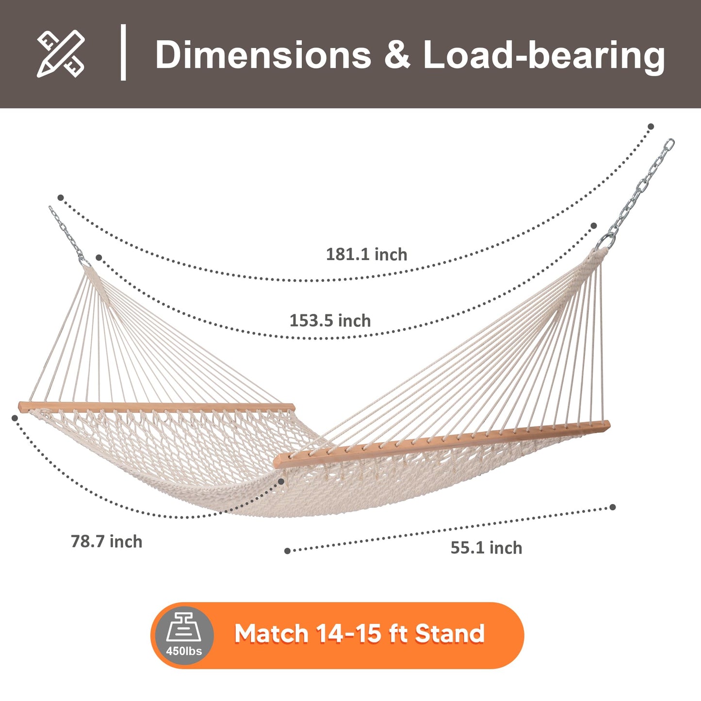 SUNCREAT Double Rope Hammock with Spreader Bar, Carrying Bag, 450 lbs Capacity, Two Person Hammock with Tree Hooks, Beige