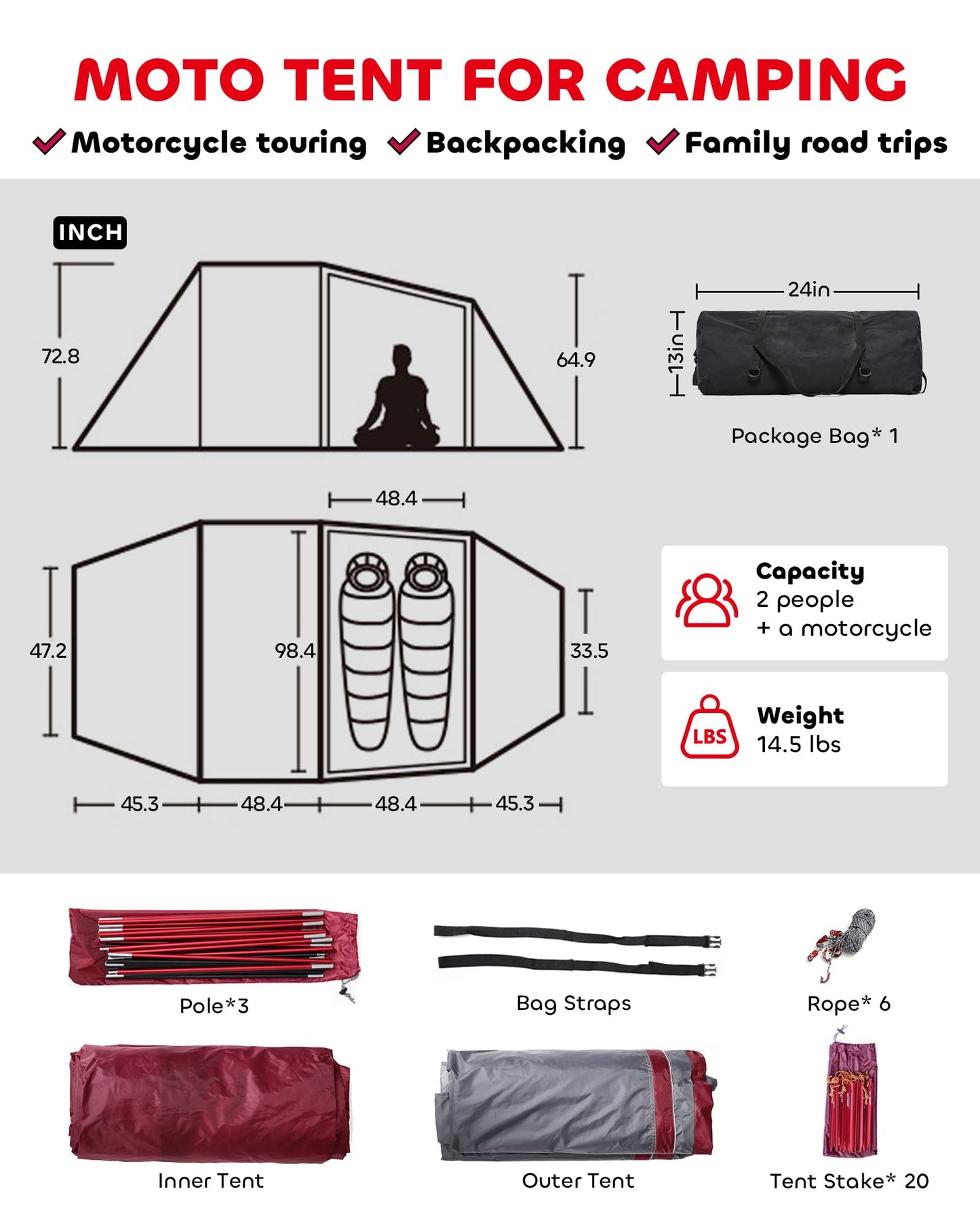 2 Person Camping Tent Motorcycle Tent Waterproof Instant Family Tents Lightweight Motorcycle Storage Shelter for for Backpacking Hiking Easy Setup