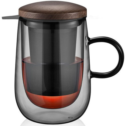 glastal Tea Infuser Mug 14.5oz Glass Tea Cup with Removable Stainless Steel Infuser and Lid, Double-walled Black Glass Tea Cup Teacup for Loose Leaf Tea, Birthday for Parents Dad Mum Friends Office