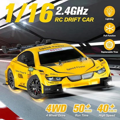 RC Drift Car 1:16 Scale Drifting Cars2.4GHz 4WD RC Race Car 40km/h High-Speed Remote Control Drift Cars Vehicle Racing Sport Toy Easter Basket Stuffers Gift for Boys Girls Kids(Yellow)