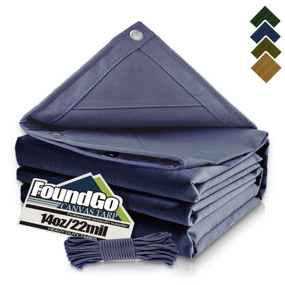 FoundGo Canvas Tarp 10x24 ft Heavy Duty Waterresistant Tarps with Grommets, UV Resistant, 22 Mil Tarpaulin,14 oz Durable Cloth Covers for Car, Roof, Boat, Camp, Canopy, Woodpile with Ropes-Blue