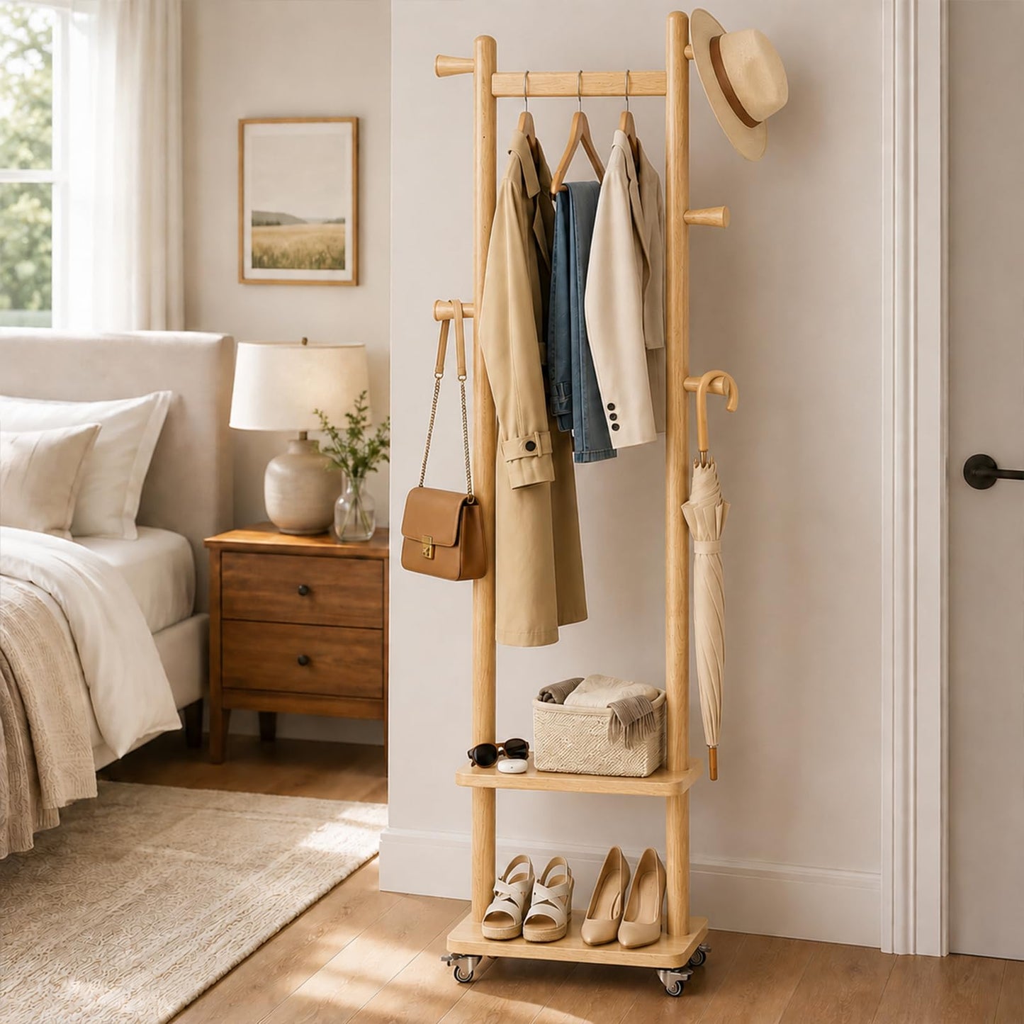 Solid Wood Coat Rack Freestanding Clothing Rack with Wheels & 2 Shelves Storage & 5 Hooks Heavy Duty Clothes Rack Wood Coat Tree Stand Hat Hanger Rack for Corner Bedroom Entryway Living Room Hotel