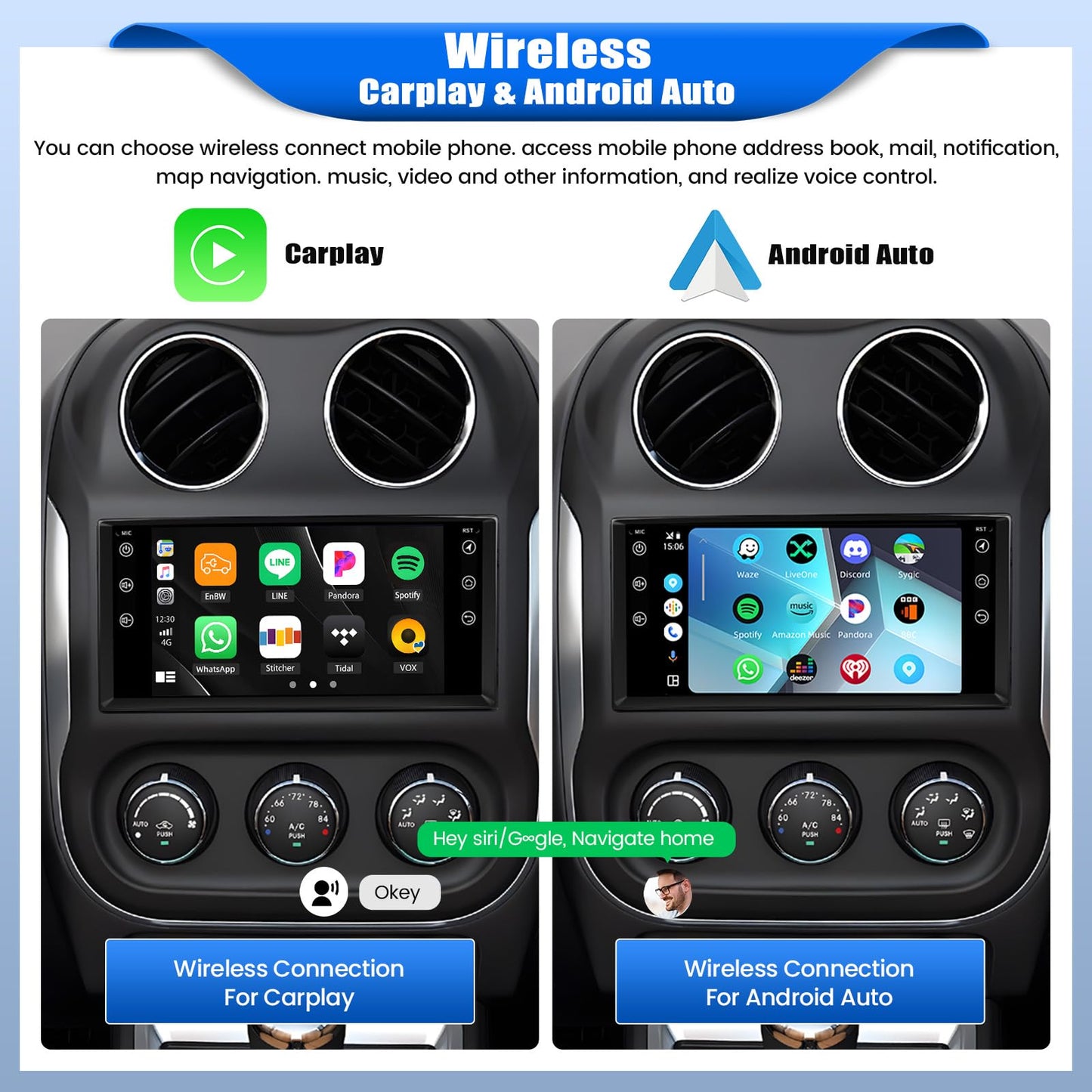 [4+64G] Android 15 Car Stereo for Jeep Wrangler JK 2007-2018/Compass/Patriot&Chrysler/Dodge RAM Charger,7 Inch Car Radio with Wireless Carplay&Android Auto|Bluetooth 5.0 FM/RDS WiFi GPS EQ SWC