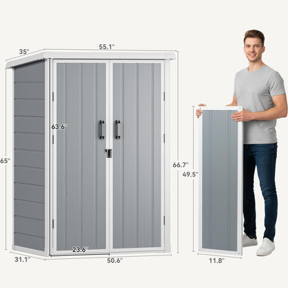 DWVO 5X3FT Outdoor Vertical Storage Shed with 2 Shelves, 60 Cu Ft Waterproof Resin Garden Shed with Floor & Lockable Door, Plastic Tall Tool Cabinet for Garbage Can, Lawn Garden Supplies, Gray