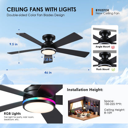 BYKISTOK 46In RGB Ceiling Fans with Lights - Black Flush Mount Ceiling Fan Light with Remote/APP, RGB+3CCT 6 Wind Speeds, Modern Low Profile Fan Light Fixture for Party, Kid's Room