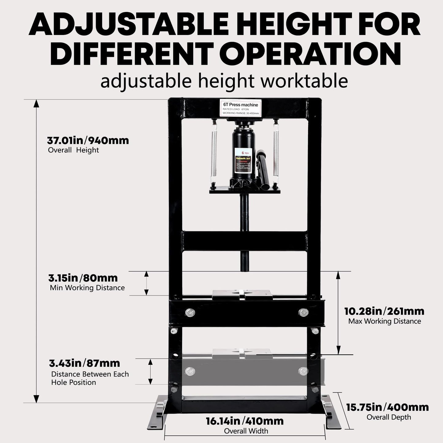 Heavy Duty Hydraulic H-Frame Shop Press – 6 Ton Manual Press, Adjustable Worktable, Stamping Plates, Industrial Steel Construction – for Auto Repair, Garage, Metalworking – Black, 6T