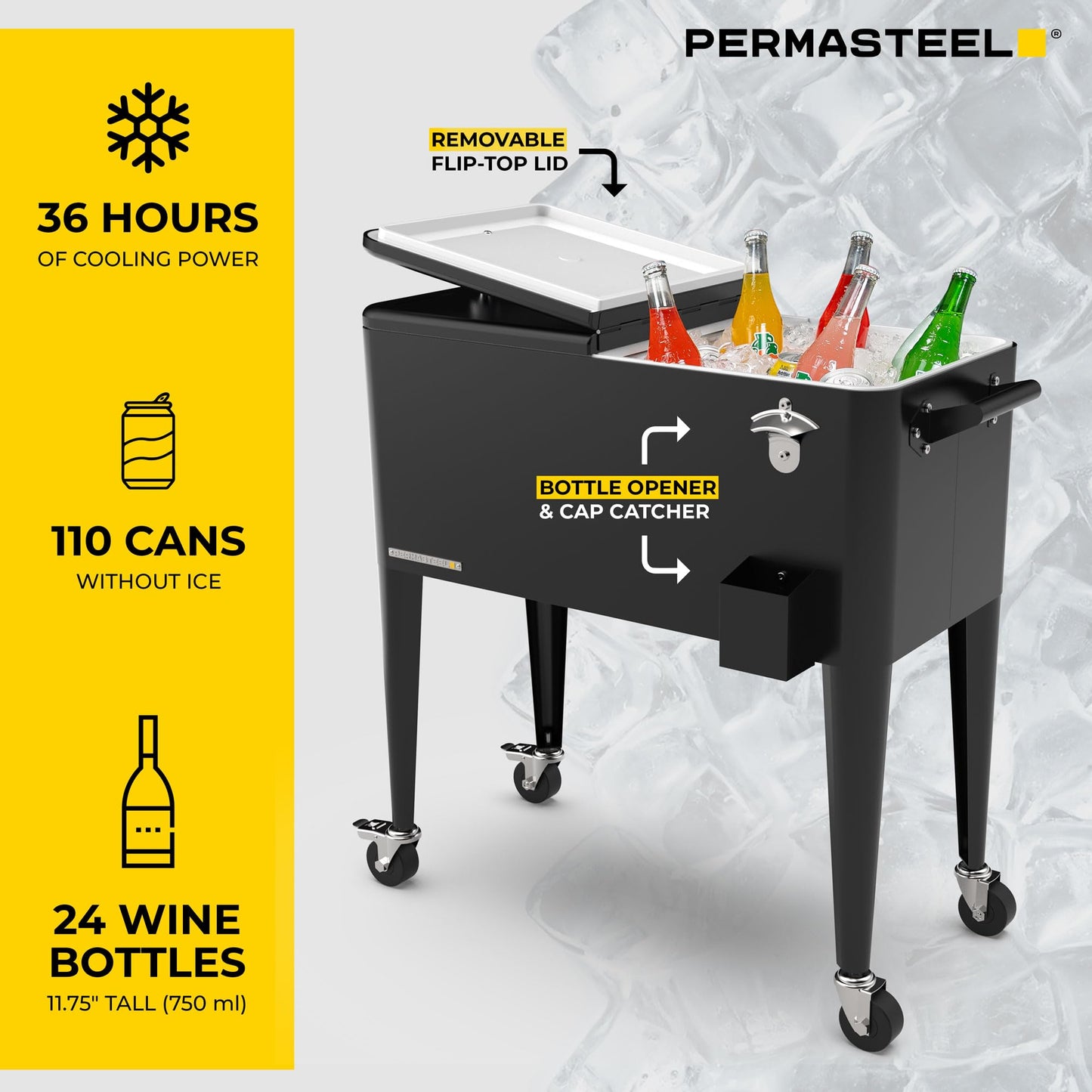Permasteel Party Cooler with Divider, Spacious 80-Qt Capacity, Chills 36hrs, Serving Tray, Rolling Ice Chest for Indoor and Outdoor Entertainment, Matte Black