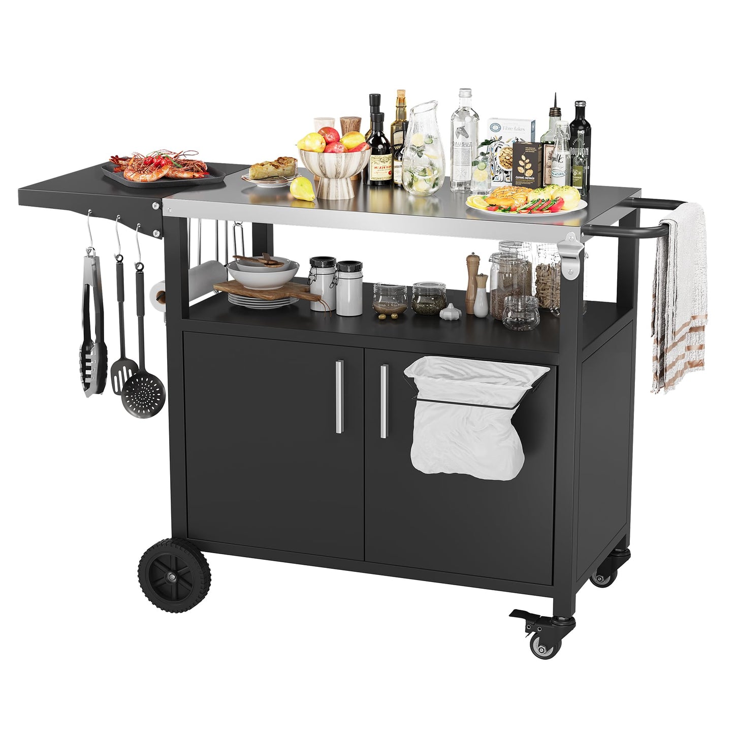 Vongrasig Outdoor Grill Cart, Patio Kitchen Island with Storage, Outdoor Bar Table BBQ Cart Pizza Oven Table with Foldable Stainless Steel Top & Wheels, Black