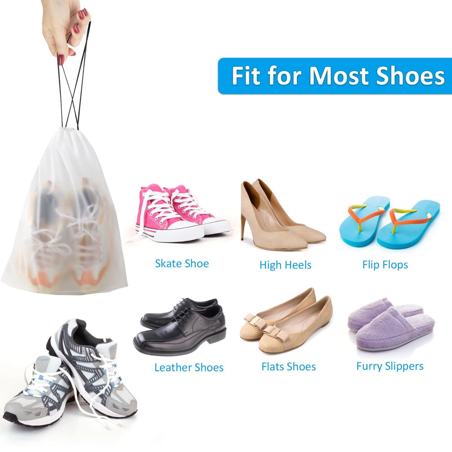 Shoe Bags for Travel, Drawstring Travel Shoe Bags for Packing, Dustproof Portable Travel Shoe Storage Bag for Men and Women, Clear, Large, 5 Pack