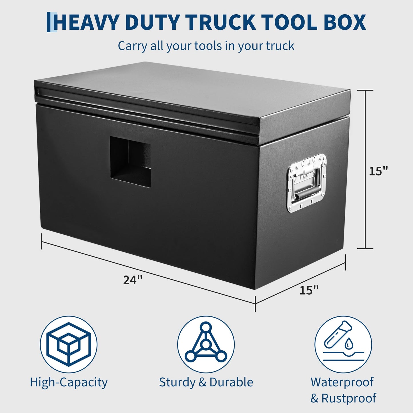 ActiveTrail Heavy Duty Steel Truck Bed Tool Box, 24 Inch Weatherproof Lockable Metal Storage Chest with Gas-Assist Grooved Lid for Pickup, Trailer, RV, Black
