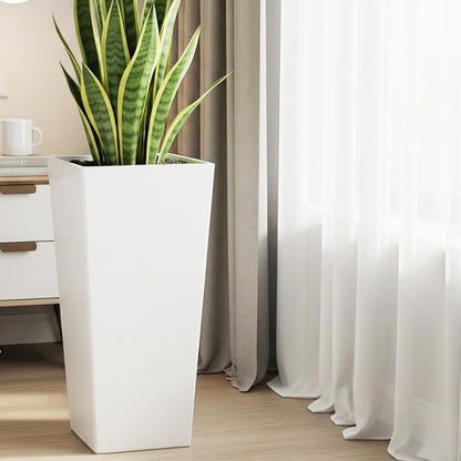 WORTH Garden Large 28 in.Tall Planters Set of 2 for Indoor and Outdoor, Heavy Duty Plastic White Modern Taper Flower Plant Pots with Drainage Hole and Dual-Purpose Tray for Front Porch, Patio