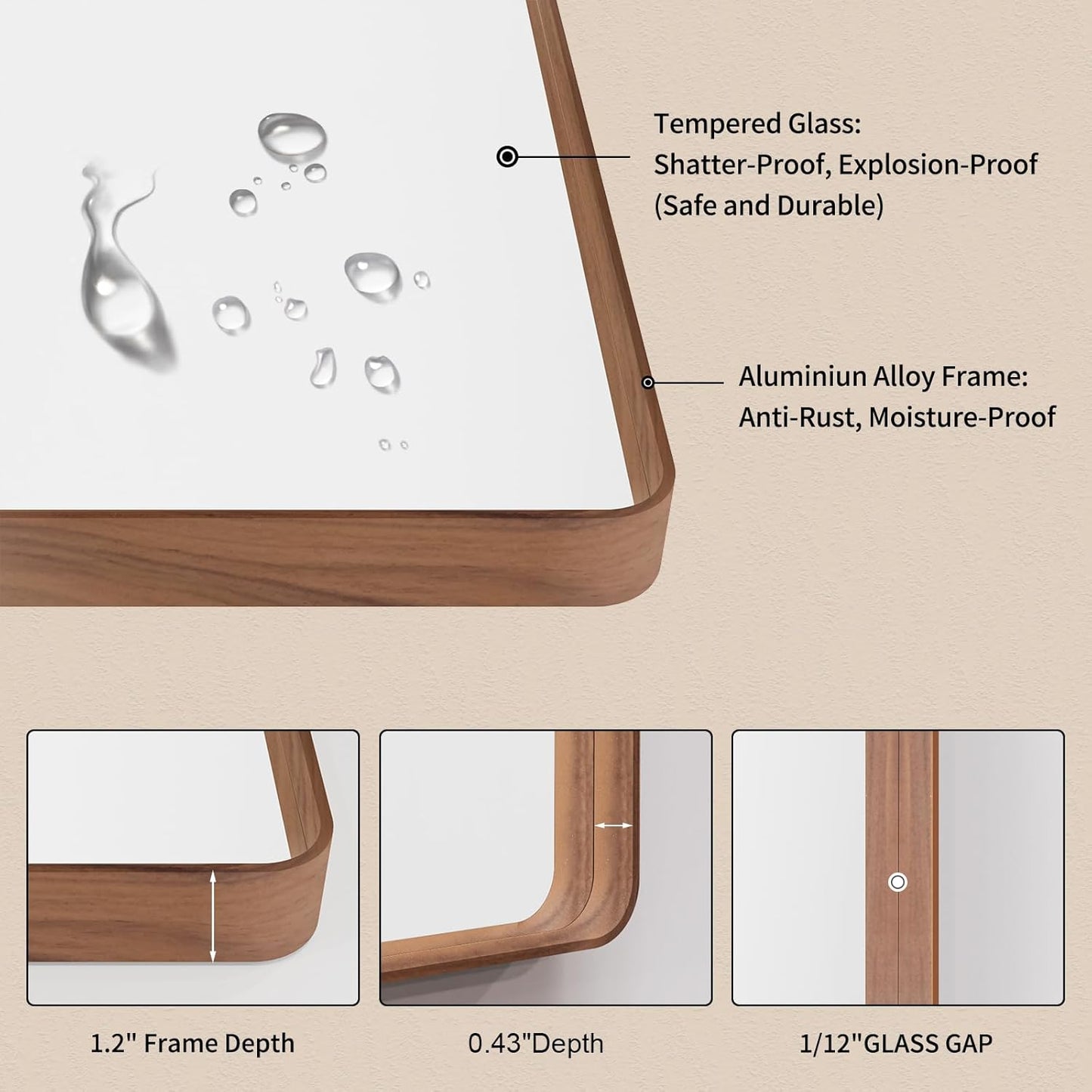 LOAAO Bathroom Mirror - 60X28 Inch Rounded Rectangle Design with Wood Grain Metal Frame | Anti-Rust, Versatile Hanging Options