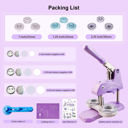 YiiYiiGO Button Maker Machine Multiple Sizes, 1+1.25+2.25 inch Installation-Free Pin Maker Machine, Ideal Pin Press for Kids DIY with Free 300 Sets 25+32+58mm Button Making Supplies(Purple)