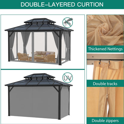 12'x10' Hardtop Gazebo, Aluminum Permanent Pavilion with Polycarbonate Double Roof, Removable Curtains & Mosquito Netting for Patio, Garden, Lawn, Upgrade Your Outdoors: Heavy Duty Hardtop Gazebo