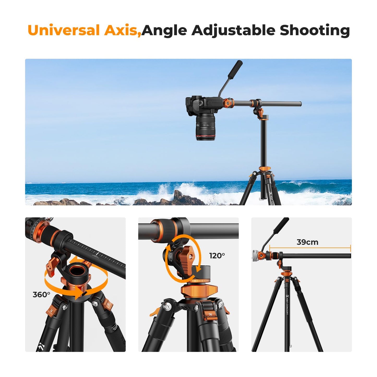 K&F CONCEPT 90''/230cm Overhead Camera Tripod, Horizontal Shooting Video Tripods with Fluid Head Heavy Duty, Detachable Monopod, for Indoor and Outdoor Use T254A7+FH-03