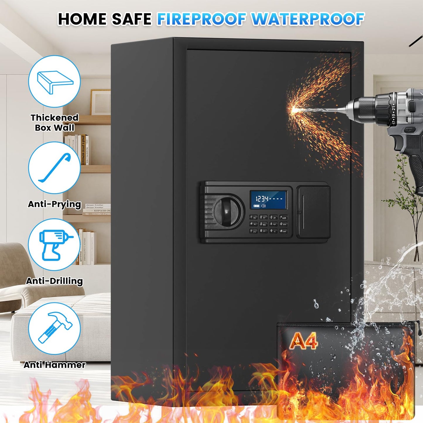 5.2 Cuft Large Fire Safe Box for Home Documents, Home Safes Water and Fireproof with LCD Keypad Keys, Anti-Theft Alert, Hidden Code Mode, Personal Combination Money Safe For Office Home Gift