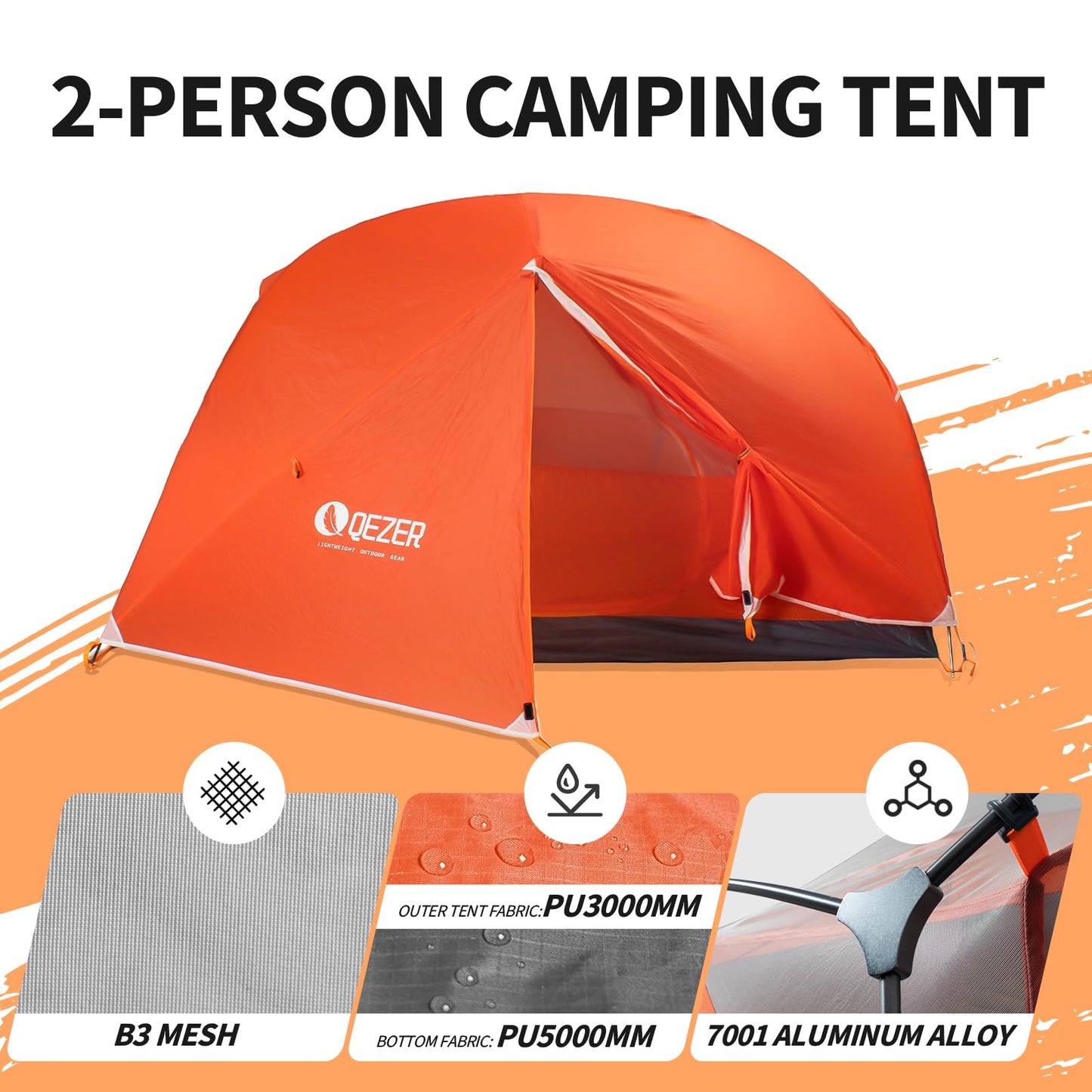 QEZER Camping Tent 1/2 Person Tents Windproof Portable Adults Tents for Camping Hiking Backpacking Traveling Easy Set up (Orange, 2 Person)