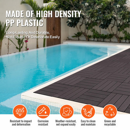 VEVOR 54 sq. ft Plastic Interlocking Deck Tiles, 54 Pack,12"x12" Waterproof Non-Slip Outdoor Flooring All Weather Use, Patio Floor Decking Tiles for Porch Poolside Balcony Backyard, Dark Brown