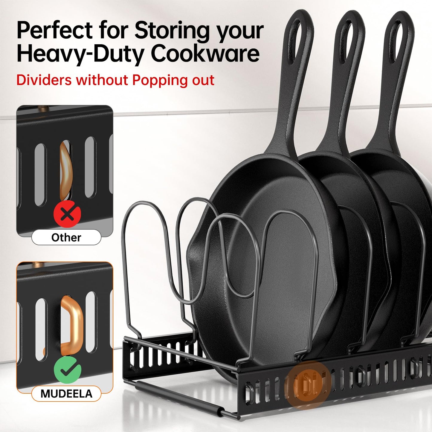 MUDEELA Pots and Pans Organizer Rack for under Cabinet, Expandable 11.81''-22.85'' Pot Lid Kitchen Cabinet Organizer Holder with 10 Adjustable Compartment Cutting Board Organizer for Pan Lid, Bakeware
