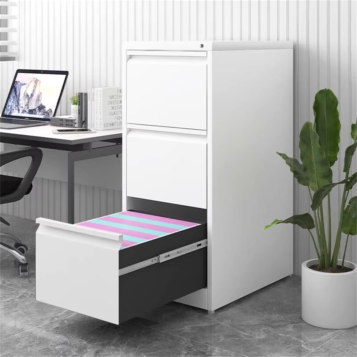 GarveeHome 3 Drawer Vertical File Cabinet with Lock, White Metal Filing Cabinet with Drawers for Home Office, Lockable Storage Cabinet Hanging Letter Size/Legal Files
