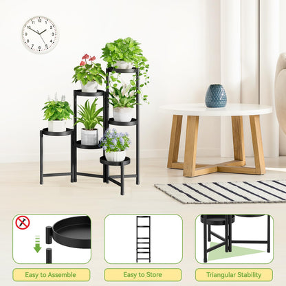 iDavosic.ly Plant Stand Indoor Outdoor, 6 Tier Corner Metal Flower Display Holder Shelf, Folding Tall Orchid Rack for Patio Balcony Porch Garden Living Room House, Black